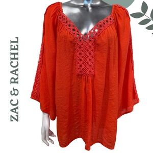 Zac & Rachel Flowy Blouse with Eyelet Detail | Boho Peasant Top| Orange Size 2X